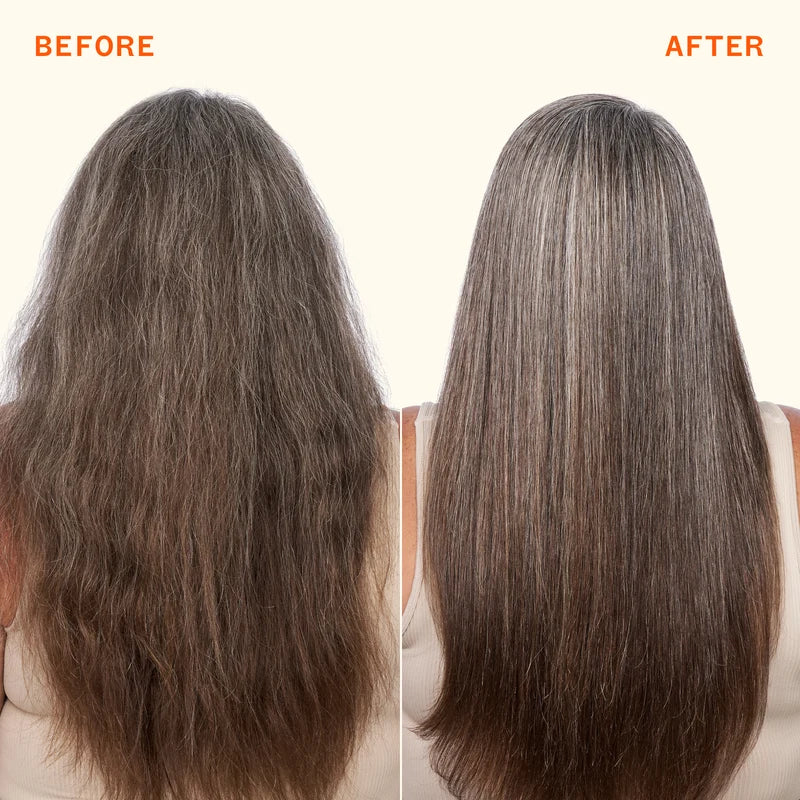 before and after brown hair showing smoother, glossier strands with amika superfruit star