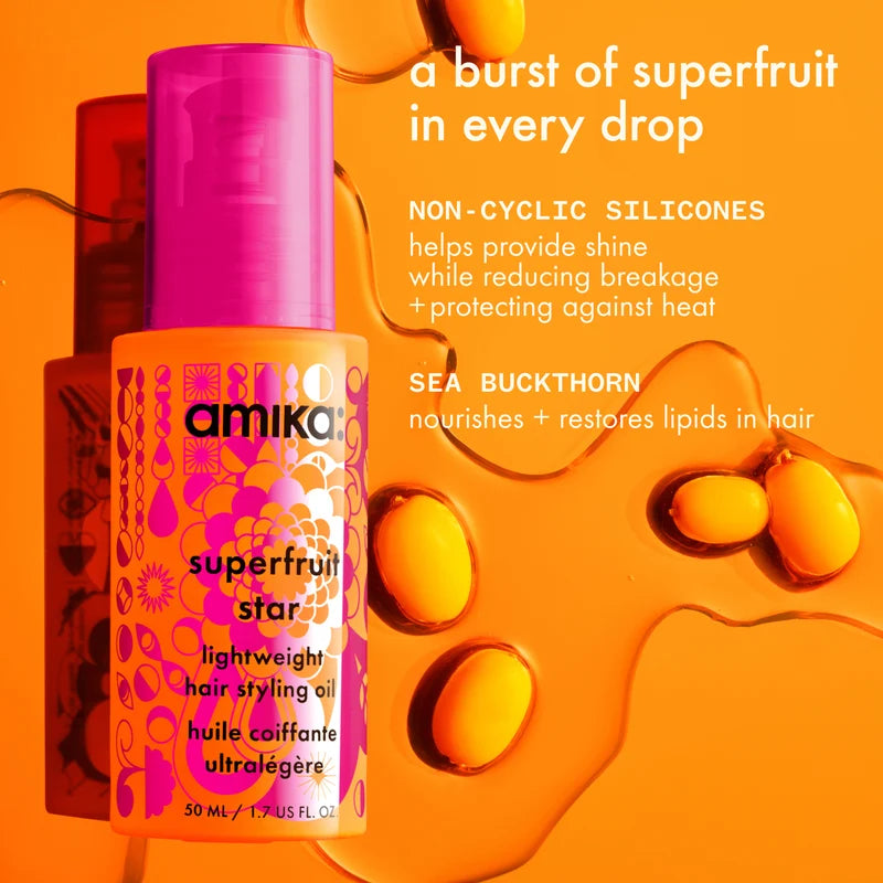 amika superfruit star lightweight hair styling oil bottle, 1.7 oz, adds shine and heat protection