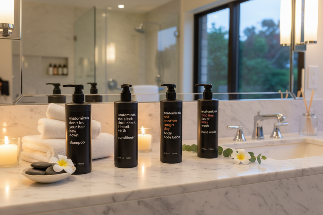 Anatomicals Complete Bath Set - Royal Sonesta Hotel Collection flat lay with all 5 bottles