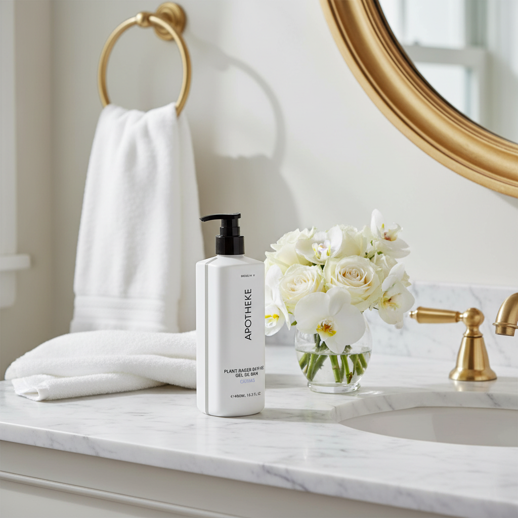 Apotheke Canvas hotel bath gel 480ml flat lay on white marble with lily of the valley rose violet citrus peach amber scent elements — luxury plant-based body wash