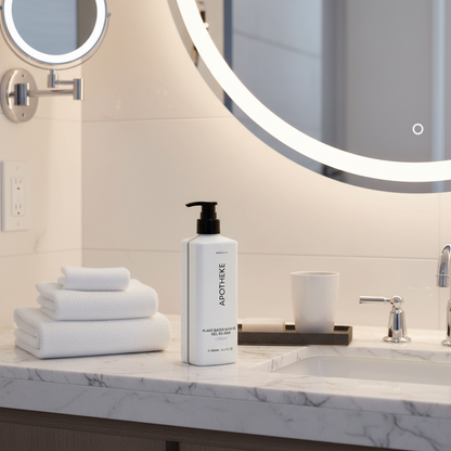 Apotheke Canvas bath gel 480ml in boutique hotel bathroom vanity — luxury hotel amenity body wash Crowne Plaza Voco IHG vegan paraben-free