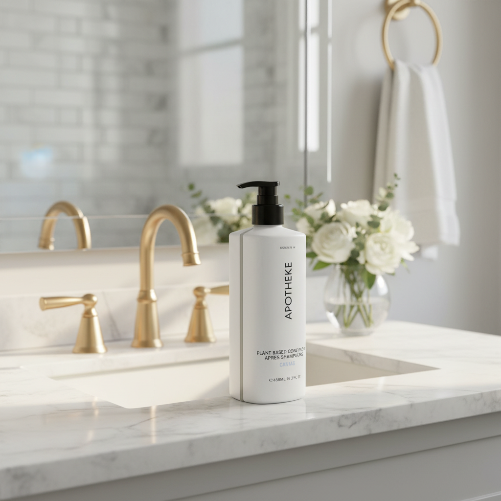 Apotheke Canvas hotel conditioner 480ml flat lay on white marble with lily of the valley rose violet citrus peach amber scent elements — luxury plant-based hair care
