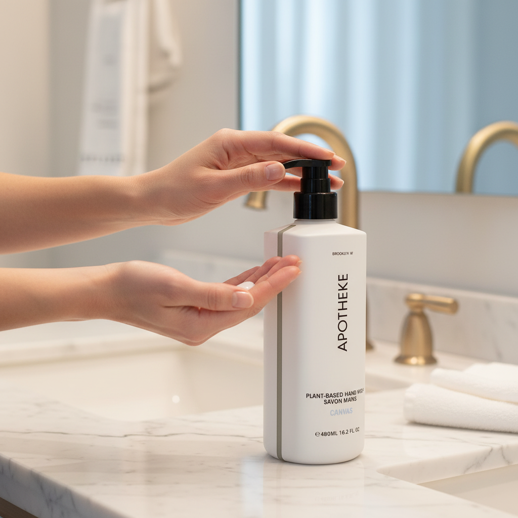 Hands using Apotheke Canvas hand wash at luxury marble sink — hotel spa hand wash plant-based vegan