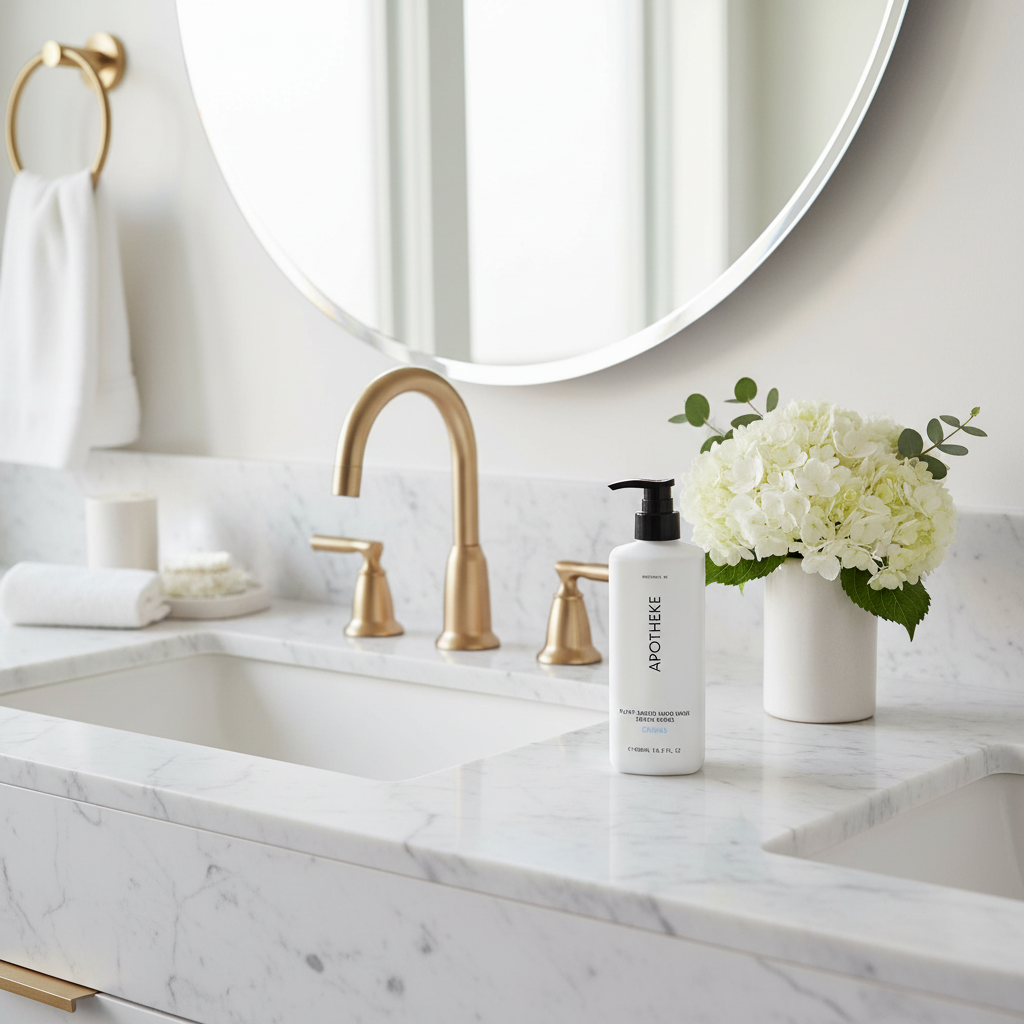 Apotheke Canvas hand wash flat lay with Canvas scent botanicals on marble — luxury hotel hand wash plant-based vegan