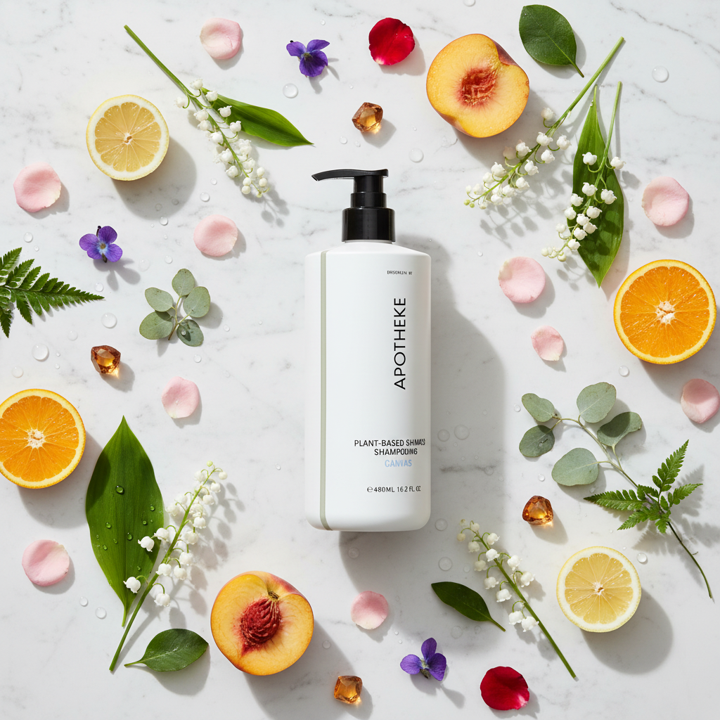 Apotheke Canvas hotel shampoo 480ml flat lay on white marble with lily of the valley rose violet citrus peach amber scent elements — luxury plant-based hair care