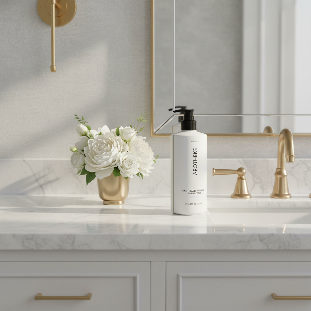Apotheke Canvas hotel shampoo 480ml flat lay on white marble with lily of the valley rose violet citrus peach amber scent elements — luxury plant-based hair care