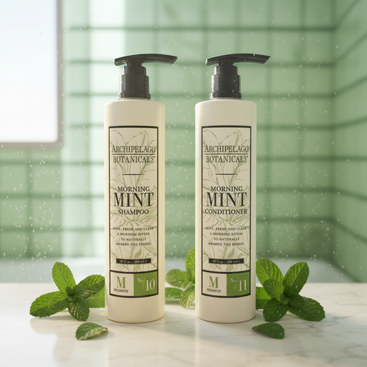 Archipelago Botanicals Morning Mint Hair Care Set with invigorating shampoo and conditioner against a fresh green background.