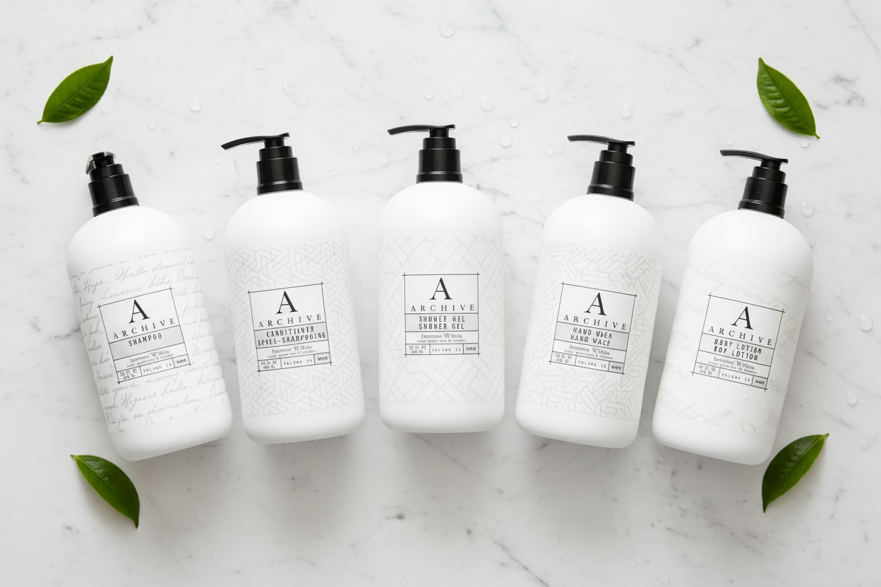 luxury hotel bath set featuring five elegant white bottles on a marble surface with green leaves.