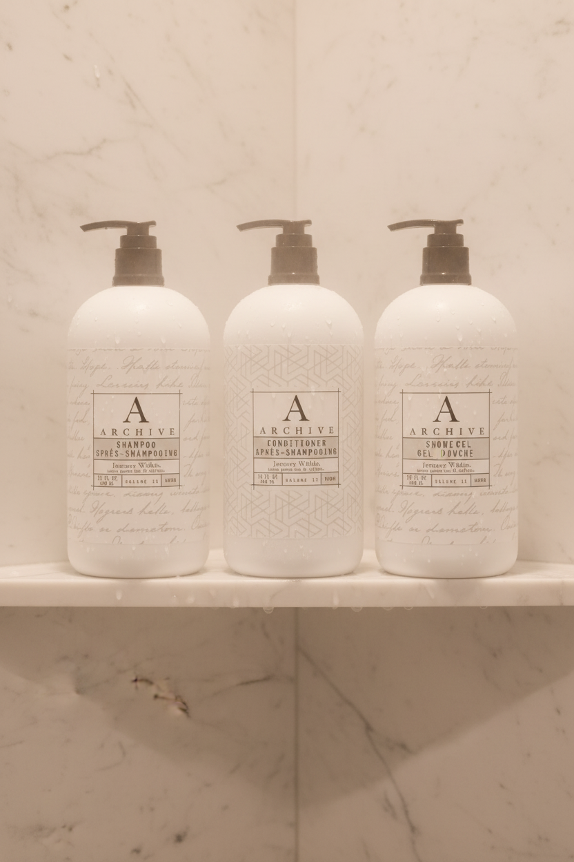 luxury hotel bath set featuring five elegant white bottles on a marble surface with green leaves.