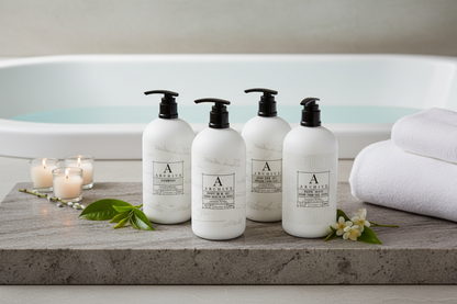 Archive Green Tea & Willow luxury hotel bath set displayed on a marble counter with candles and towels.