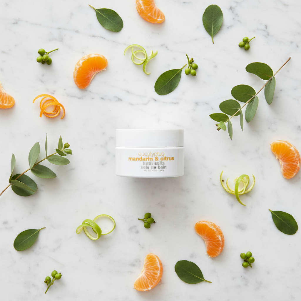 Atelier Bloem Eucalyptus Mandarin & Citrus Bath Salts flat lay with scent elements