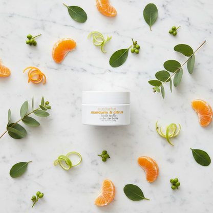 Atelier Bloem Eucalyptus Mandarin & Citrus Bath Salts flat lay with scent elements