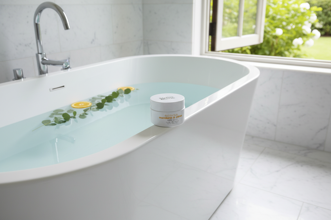 Atelier Bloem Eucalyptus Mandarin & Citrus Bath Salts flat lay with scent elements
