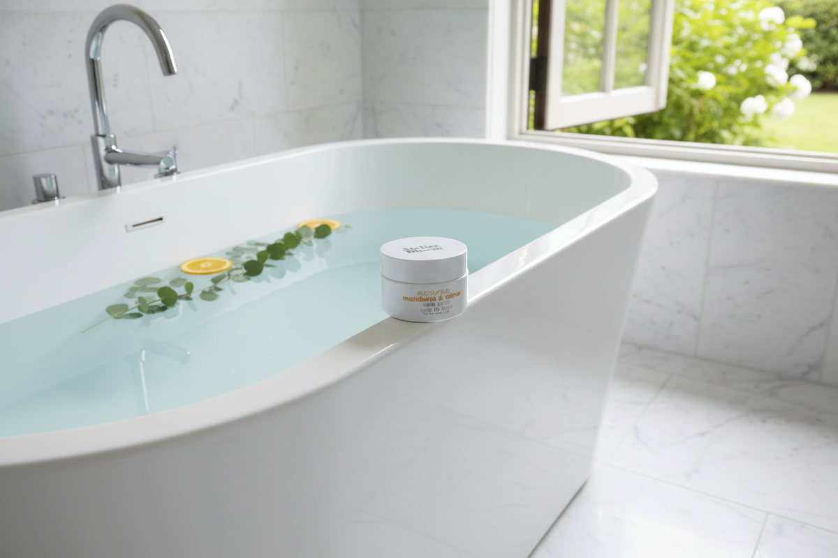 Atelier Bloem Bath Salts on edge of freestanding soaking tub with garden view