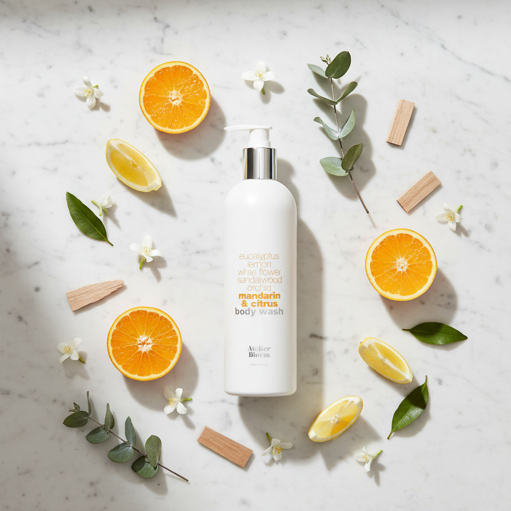 Atelier Bloem mandarin citrus body wash 16oz Kimpton luxury hotel body wash eucalyptus sandalwood orchid botanicals