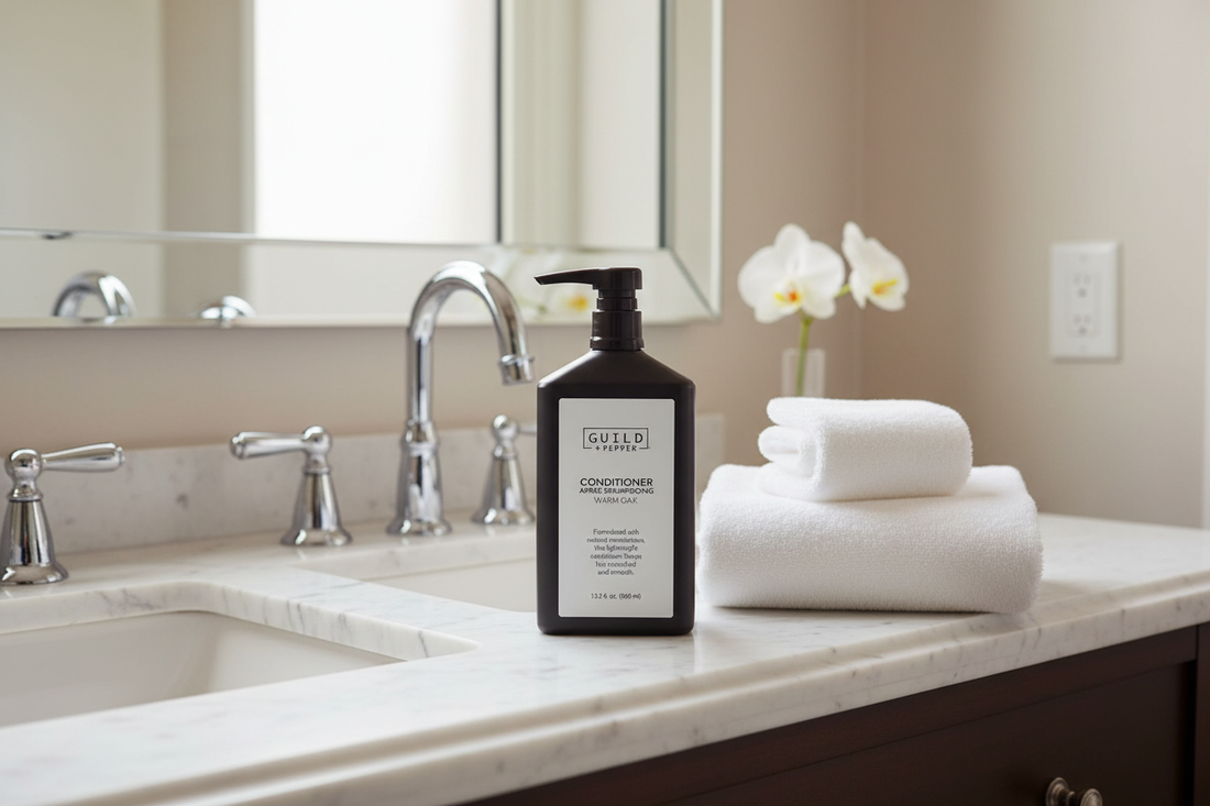 Guild+Pepper Conditioner - luxury flat lay with oak elements on marble