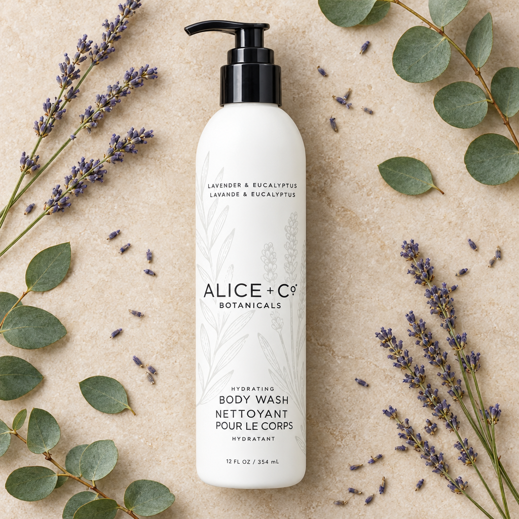 Body wash flat lay with lavender and eucalyptus
