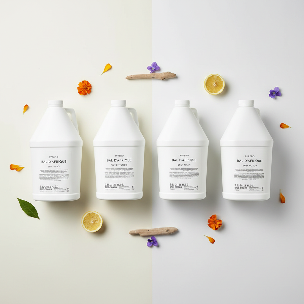 Byredo Bal d'Afrique 4 piece set lay flat with subtle scent elements