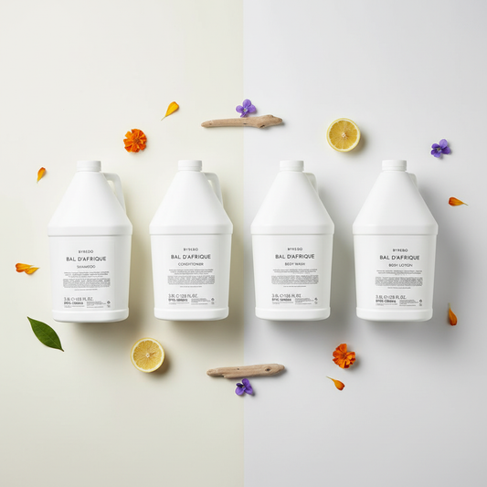 Byredo Bal d'Afrique 4 piece set lay flat with subtle scent elements