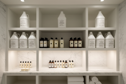 Byredo Bal d'Afrique Body Lotion refill jugs in luxury spa storage