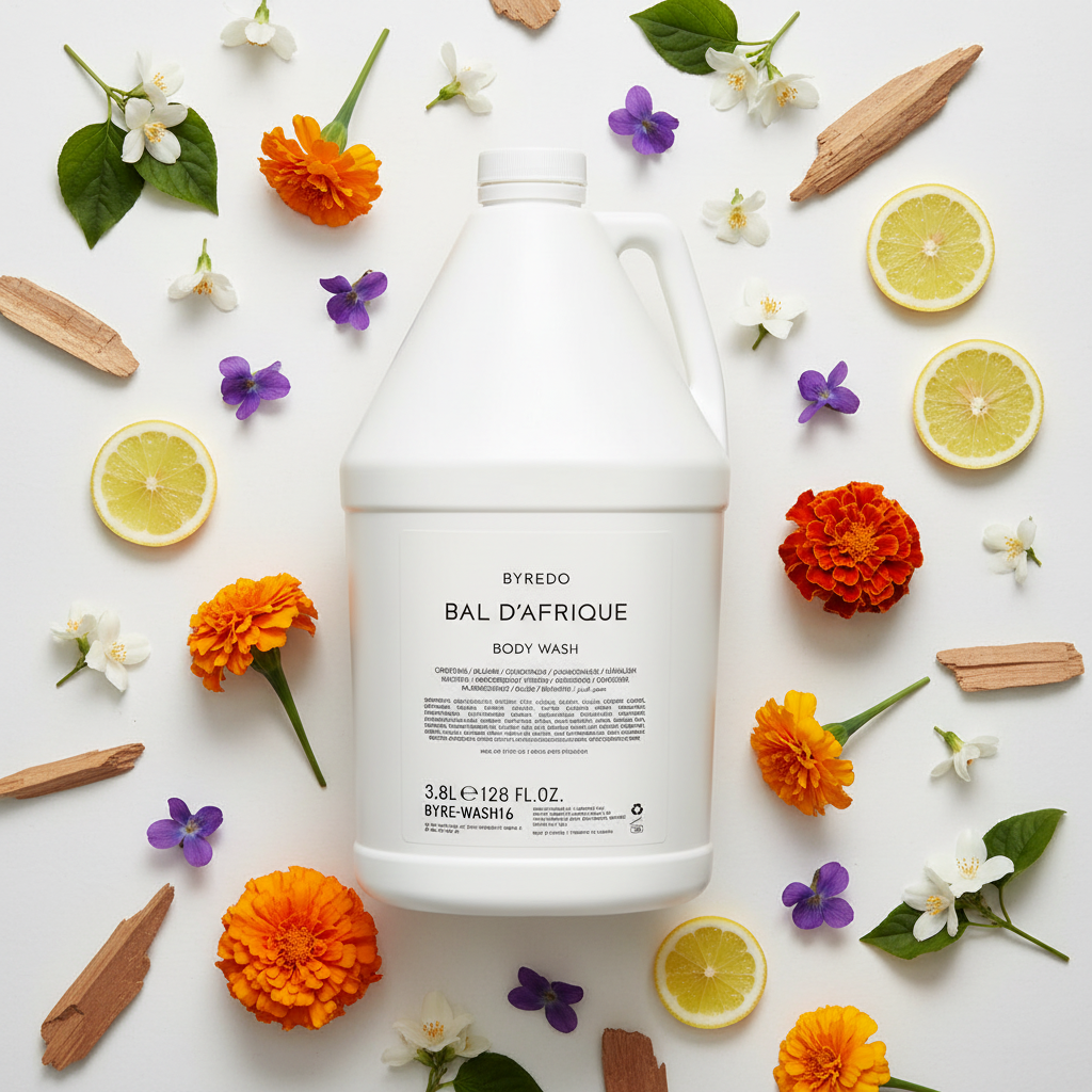 Byredo Bal d'Afrique Body Wash gallon refill with scattered scent elements