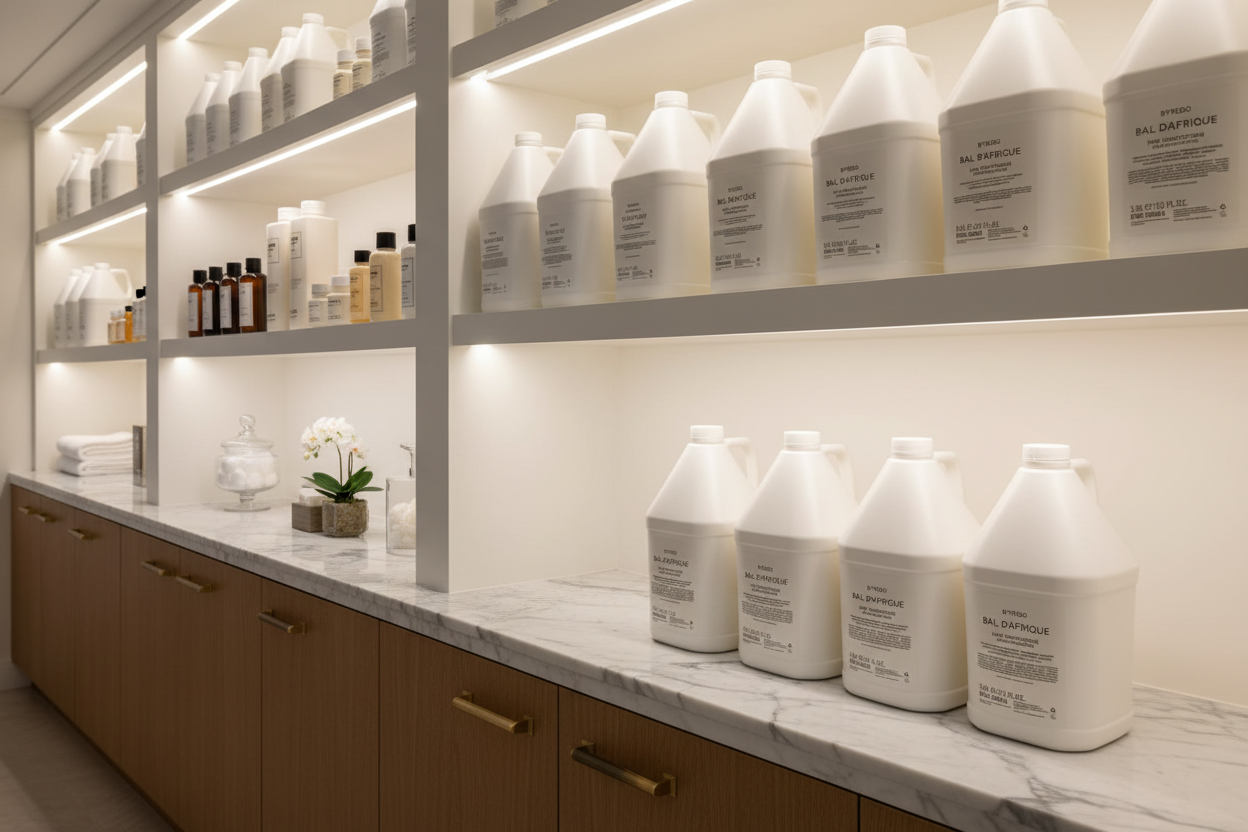 Byredo Bal d'Afrique Body Wash refill jugs in luxury spa storage