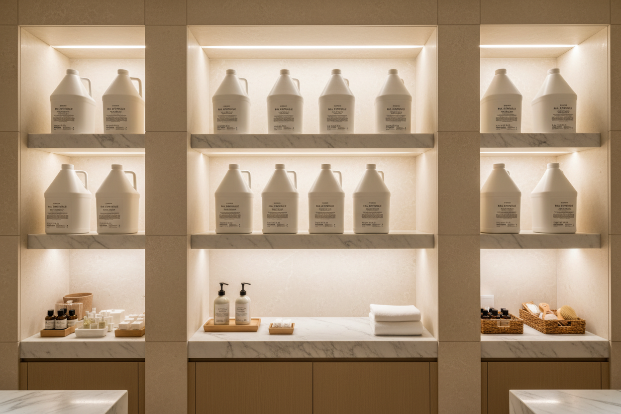 Byredo Bal d'Afrique Body Wash refill jugs in luxury spa