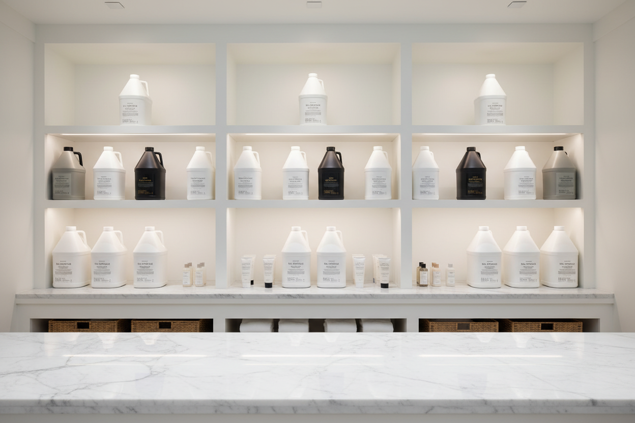 Byredo Bal d'Afrique Conditioner refill jugs in luxury spa storage
