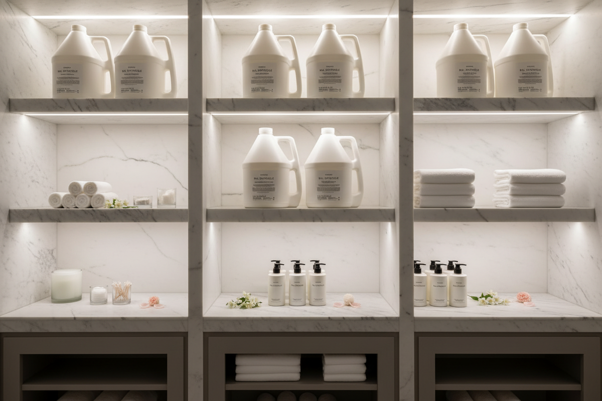 Byredo Bal d'Afrique refill jugs in luxury spa prep station