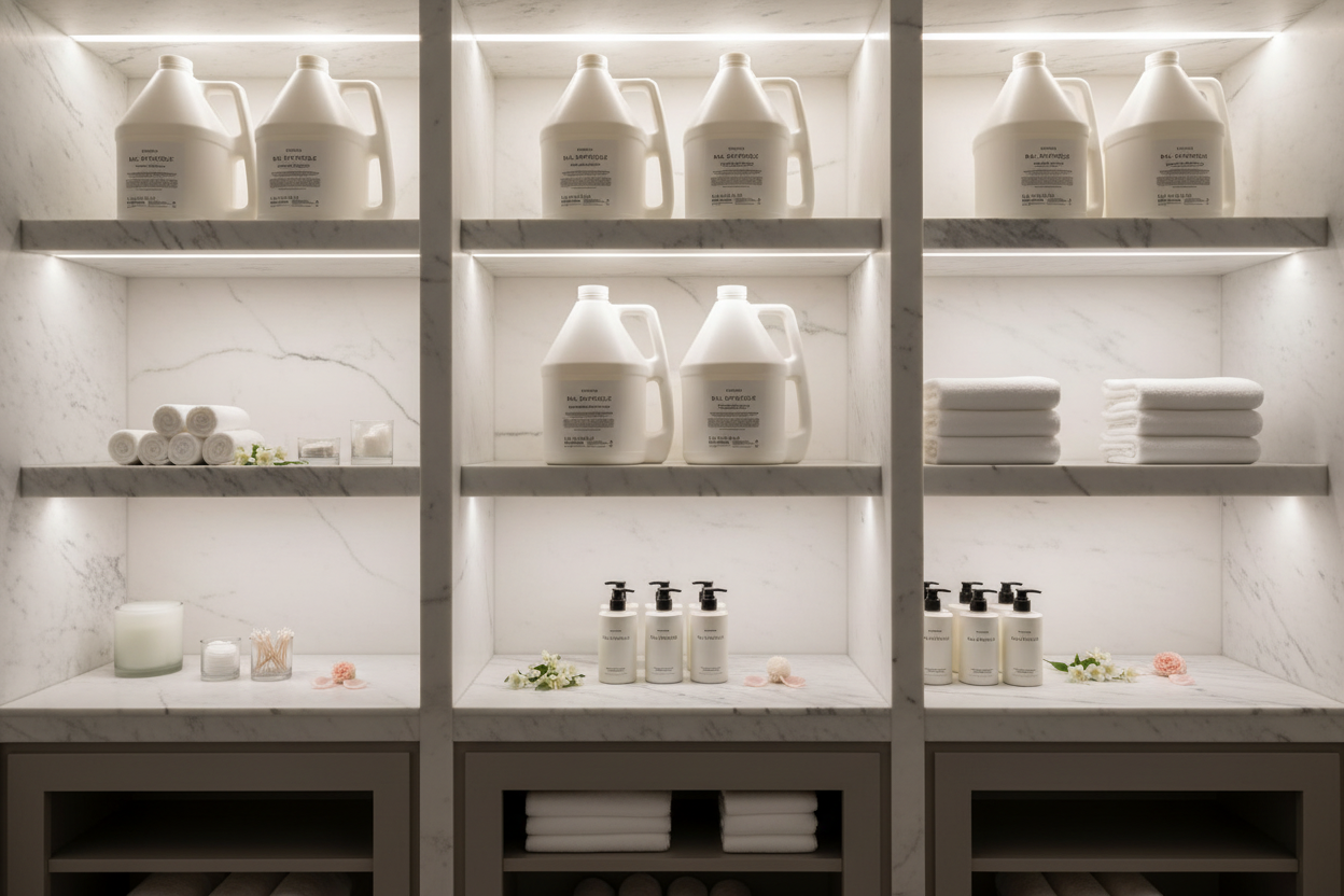 Byredo Bal d'Afrique refill jugs in luxury spa prep station