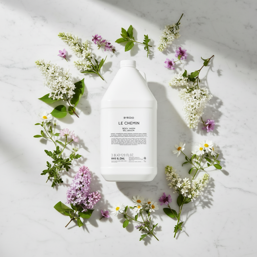 Byredo Le Chemin Body Lotion lay flat with flowers