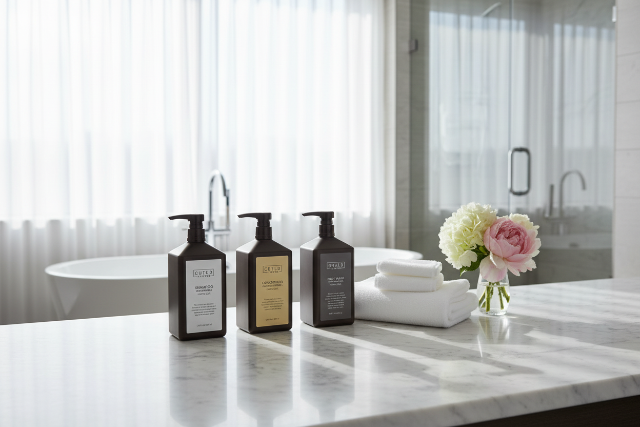 Guild & Pepper Warm Oak Elevated Essential Shower Set Shampoo, Conditioner, Body Wash, & Lotion  