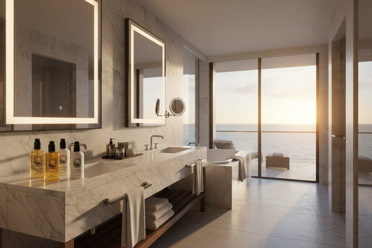Luxurious bathroom setting showcasing Diptyque Philosykos Hand & Body Lotion near ocean view.