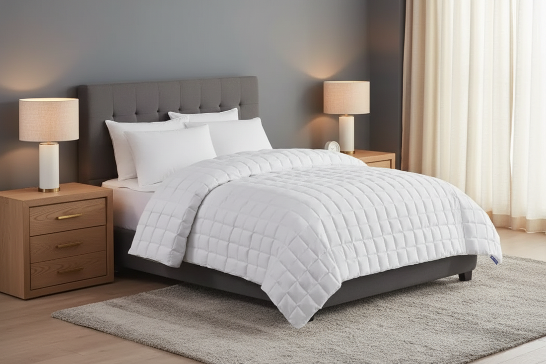 Best Western Soft Stitch Lightweight Blanket - King on bed, showcasing its elegant quilted design, ideal for comfort.