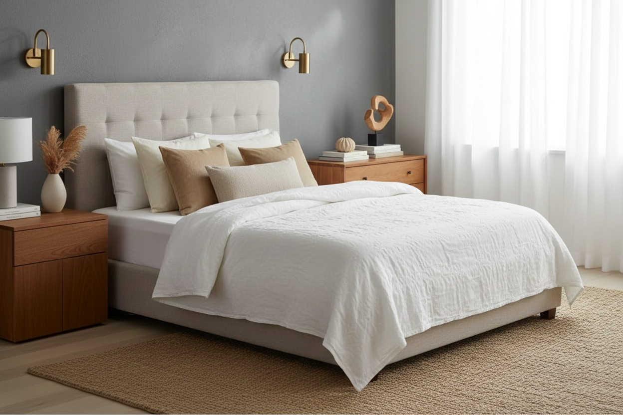 Keeco Softstitch lightweight brushed microfiber blanket queen on a neatly made bed in a modern bedroom.