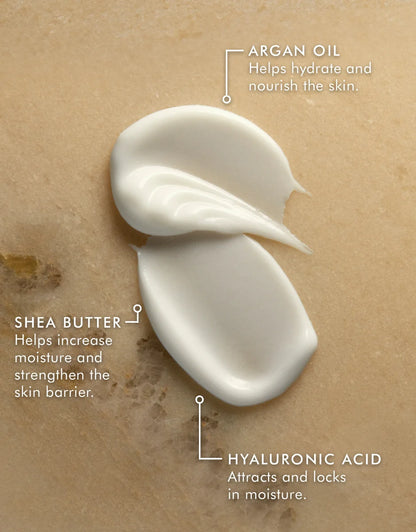 Hand cream texture with callouts for argan oil, shea butter, and hyaluronic acid