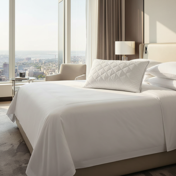 Diamond Gusset Pillow on luxury sheets with window views