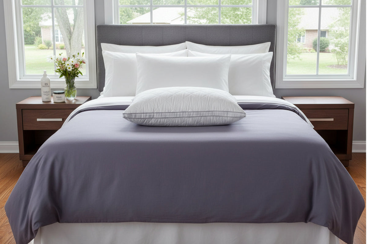 Manchester mills queen medium pillow on bed, resort quality best sleep pillow 