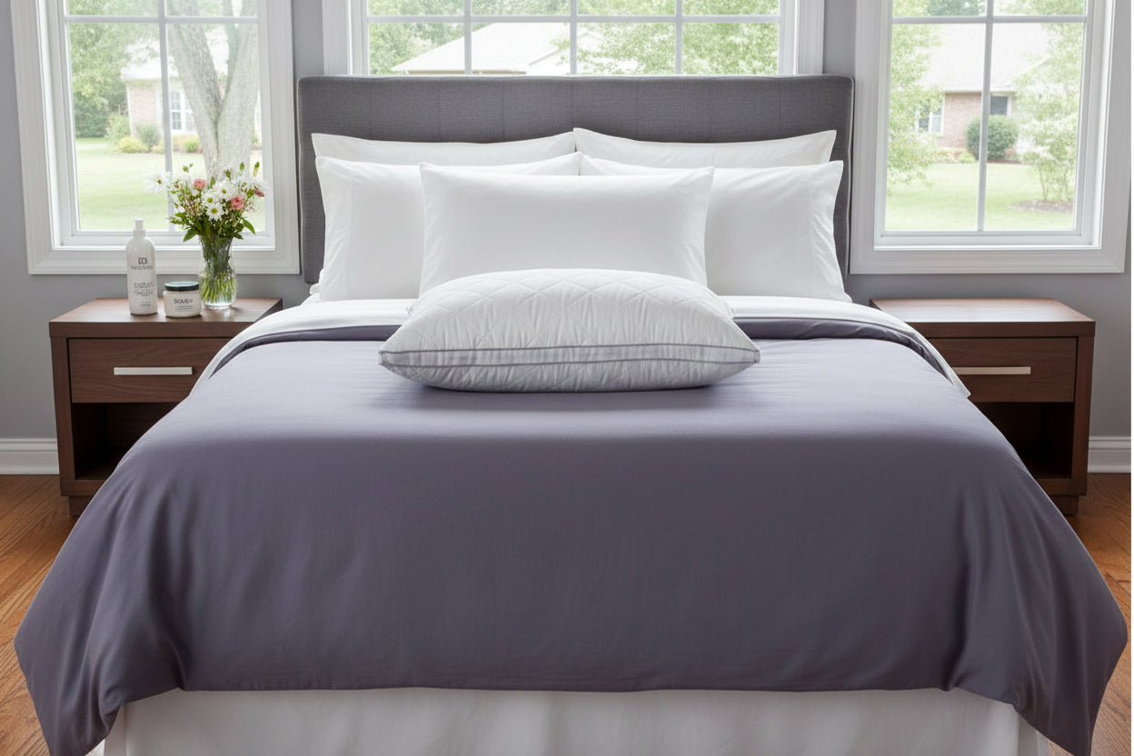 Manchester mills queen medium pillow on bed, resort quality best sleep pillow 