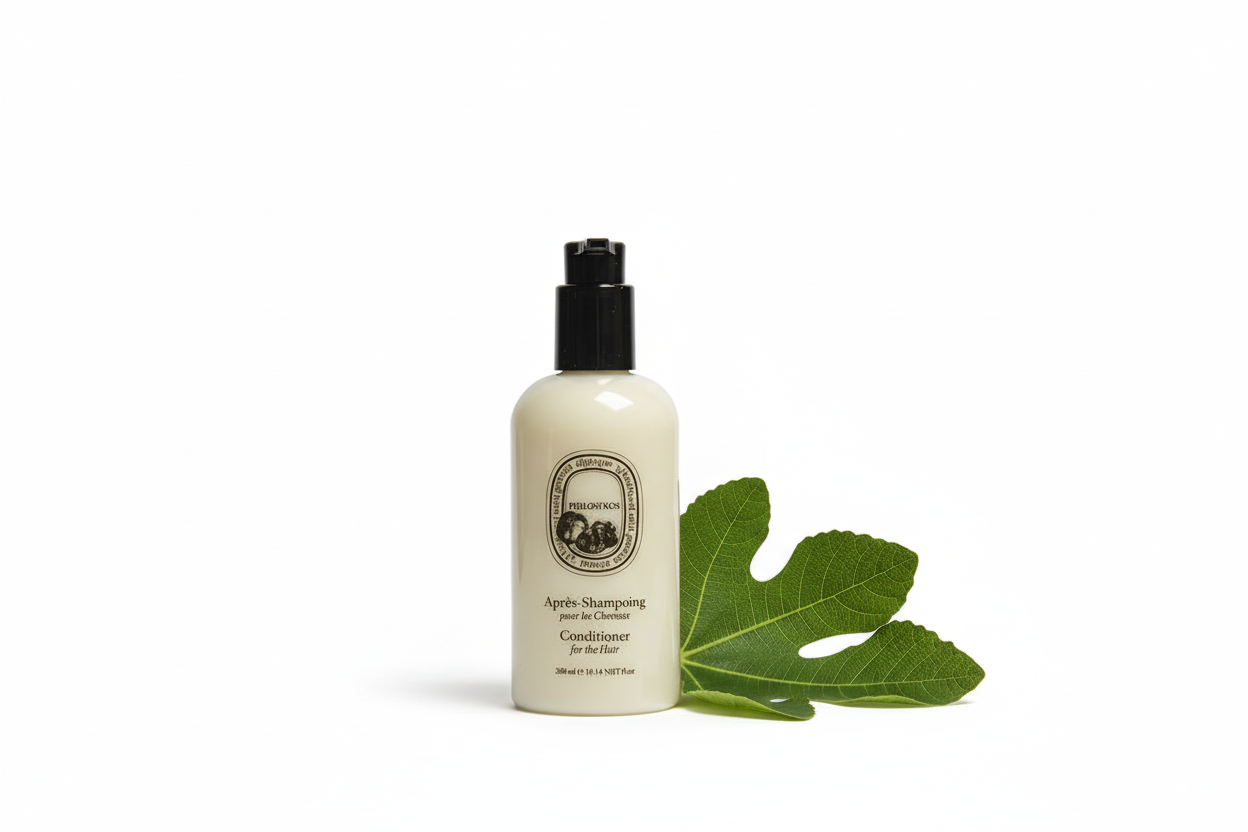 Diptyque Philosykos Conditioner bottle with Mediterranean fig leaf, delivering nourishing hair care experience.