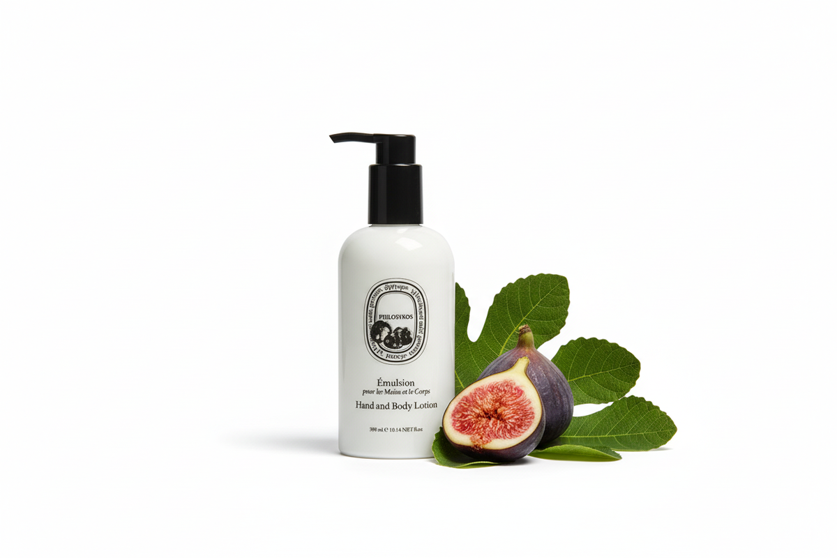 Diptyque Philosykos Hand & Body Lotion with fig, offering luxurious hydration and a Mediterranean scent.