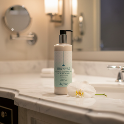 Drybar Replenishing Body Lotion on marble hotel vanity — five-star hotel skin care