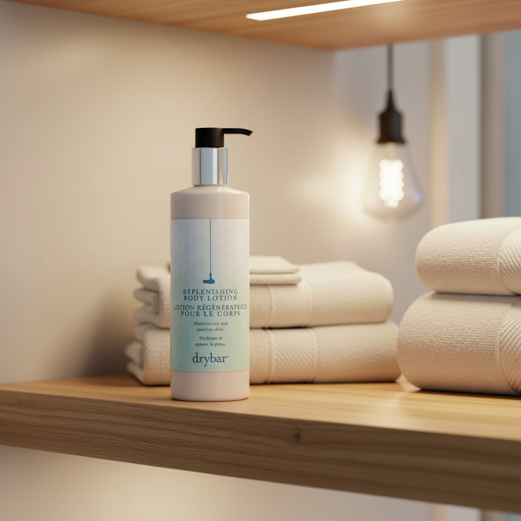 Drybar Replenishing Body Lotion in upscale Airbnb bathroom — premium STR hotel amenity