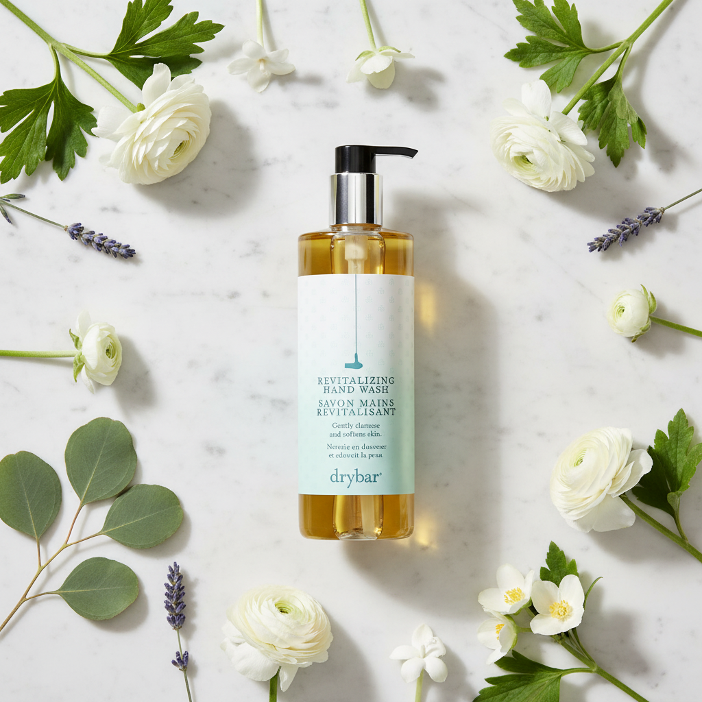 Drybar Revitalizing Hand Wash flat lay on marble — luxury hotel hand soap fresh scent