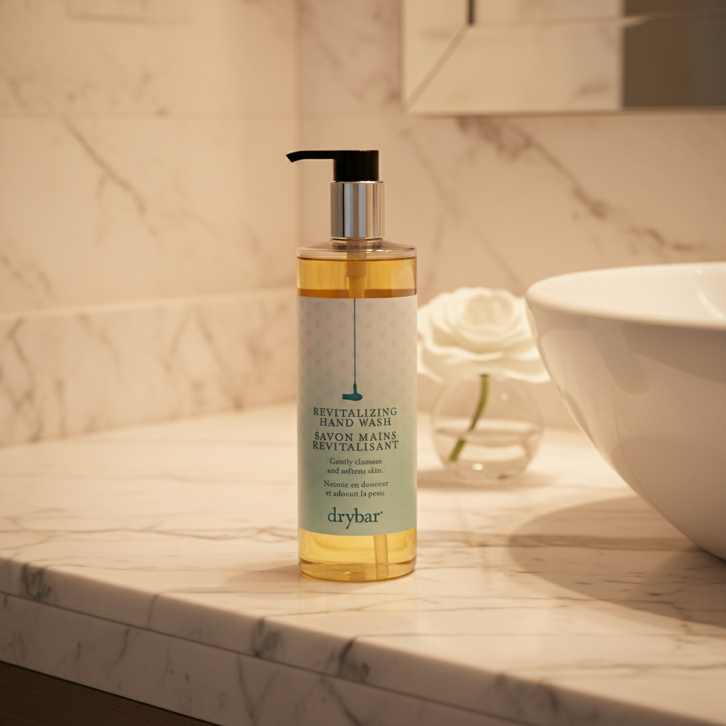 Drybar Revitalizing Hand Wash beside luxury marble sink — five-star hotel hand soap
