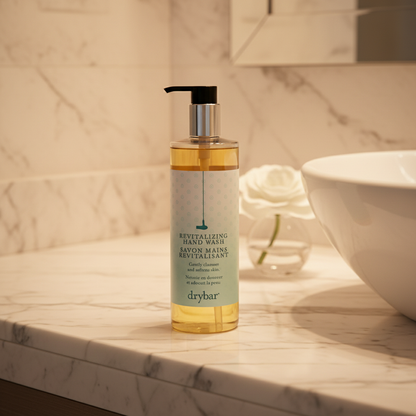 Drybar Revitalizing Hand Wash beside luxury marble sink — five-star hotel hand soap
