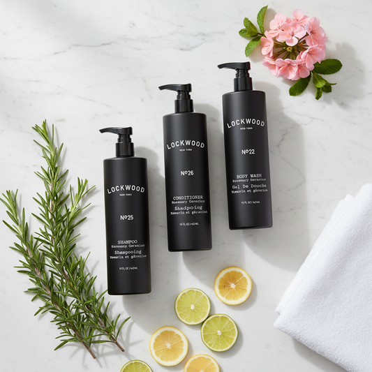 Flat Lay - All 3 Bottles Visible with Scattered Ingredients