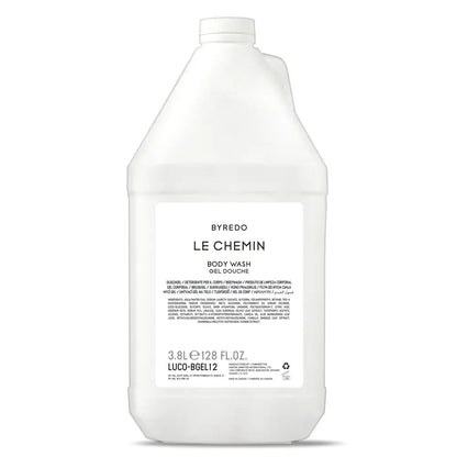 Byredo Bath & Body Refill 4 Piece Set featuring Le Chemin Body Wash in a 3.8L container, elegant and minimalist design.