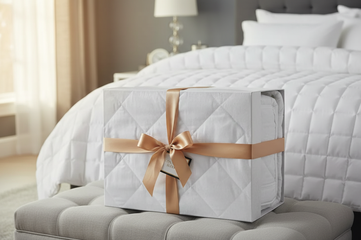 Keeco Softstitch Lightweight Brushed Microfiber Blanket - Queen packaged with a bow on a bed.