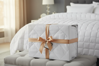 Keeco Softstitch Lightweight Brushed Microfiber Blanket - Queen packaged with a bow on a bed.